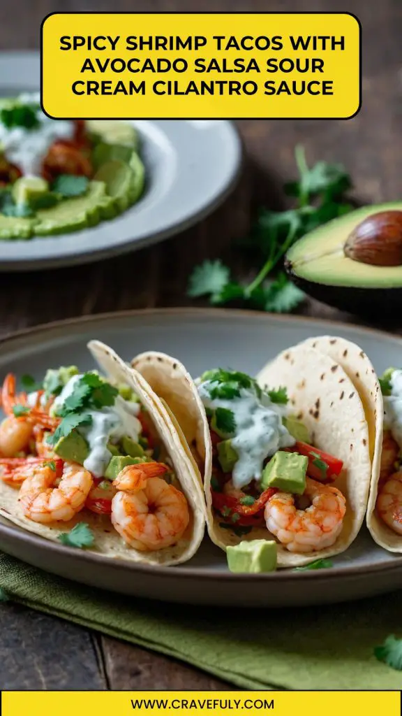 spicy shrimp tacos with avocado salsa sour cream cilantro sauce