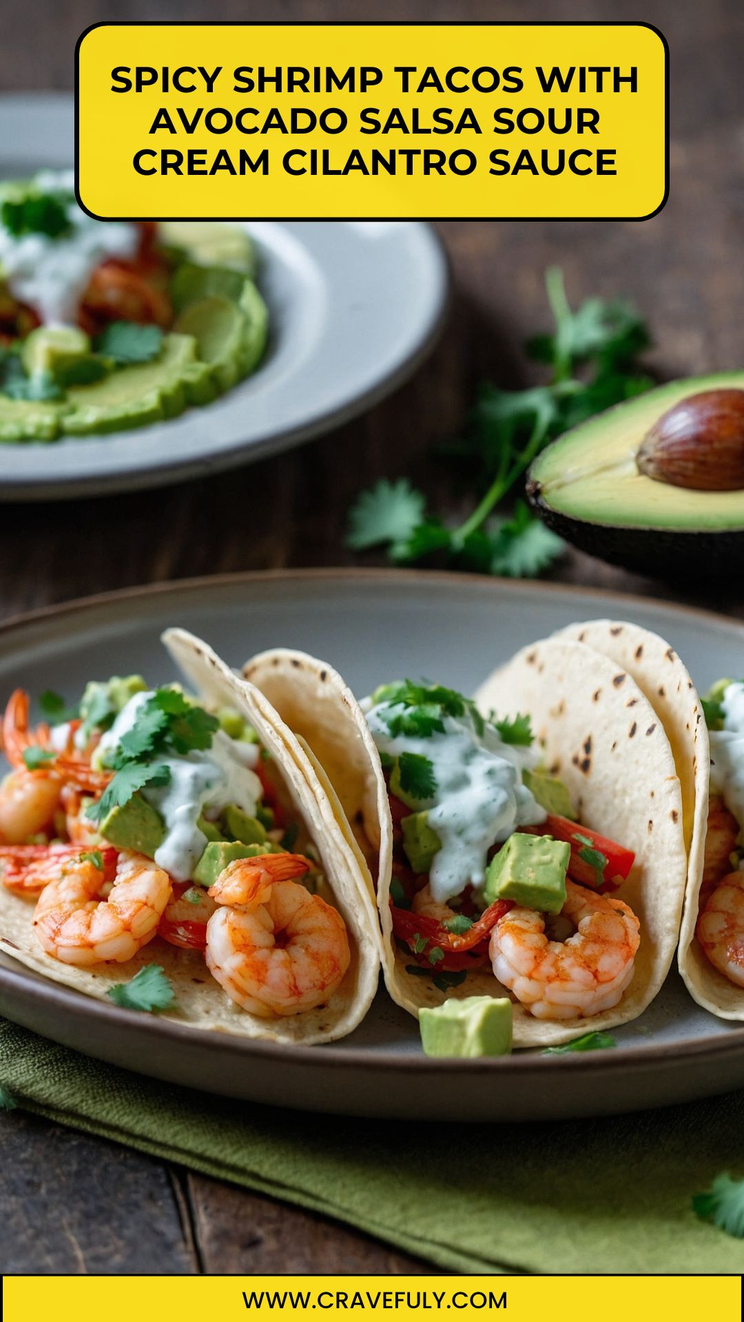 spicy shrimp tacos with avocado salsa sour cream cilantro sauce