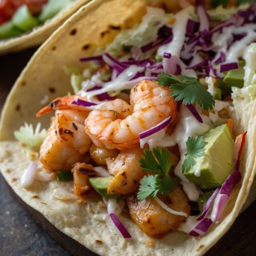 spicy shrimp tacos with creamy sriracha sauce cilantro lime slaw