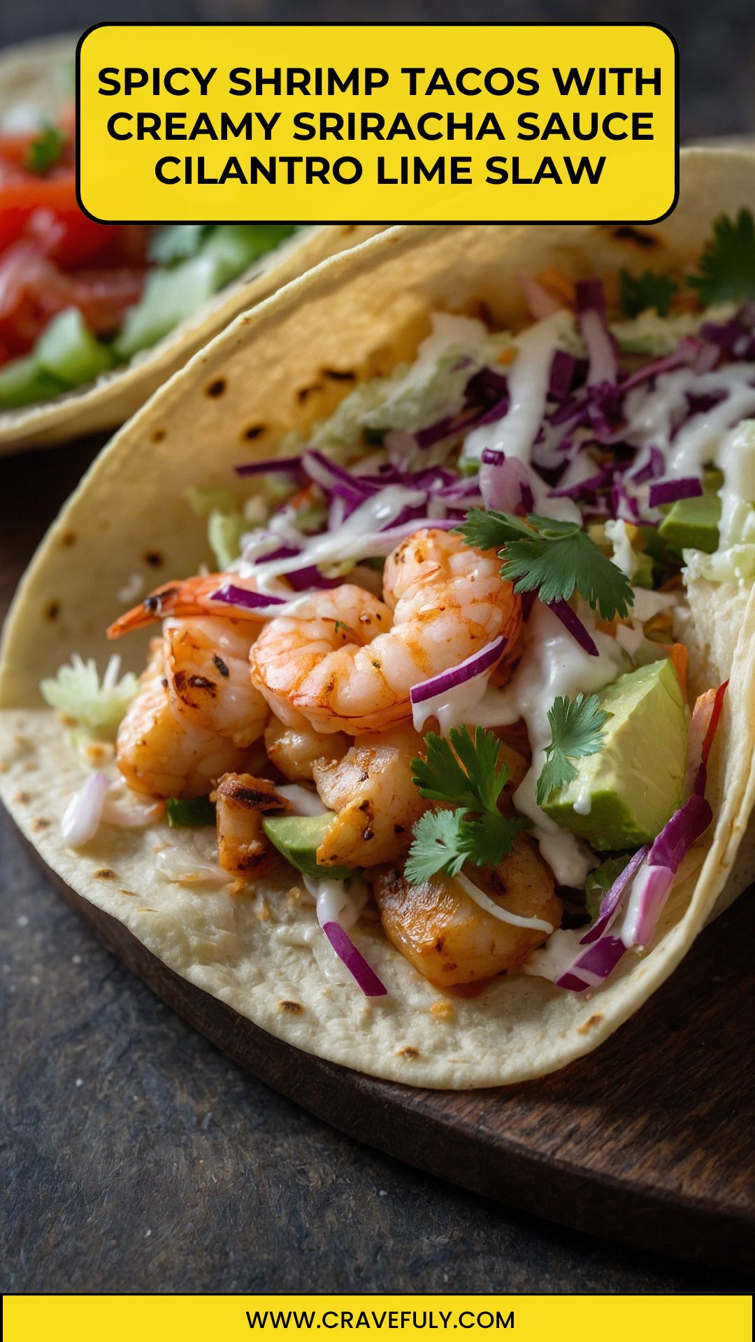 spicy shrimp tacos with creamy sriracha sauce cilantro lime slaw